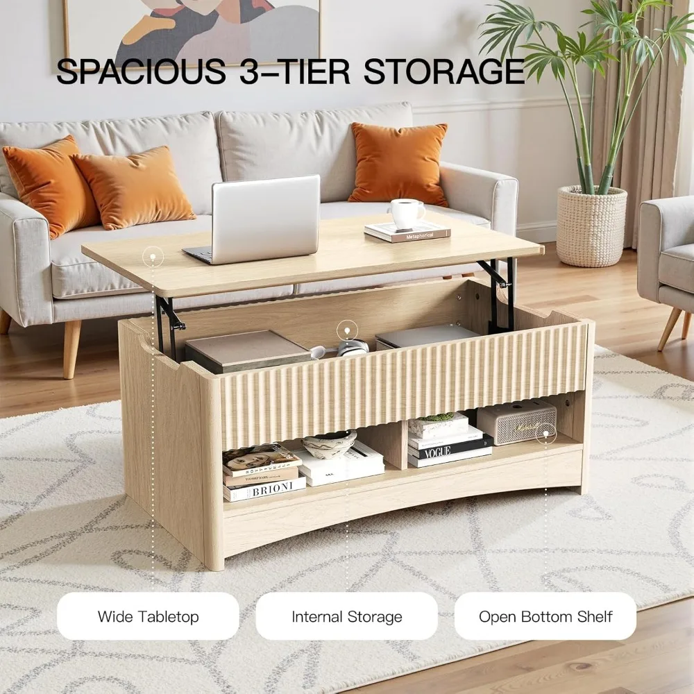 Meja Kopi Amada Atas Angkat Bergalur, Meja Kayu 35,2" dengan Rak Penyimpanan & Kompartemen Tersembunyi, Meja Tengah Persegi Panjang Modern