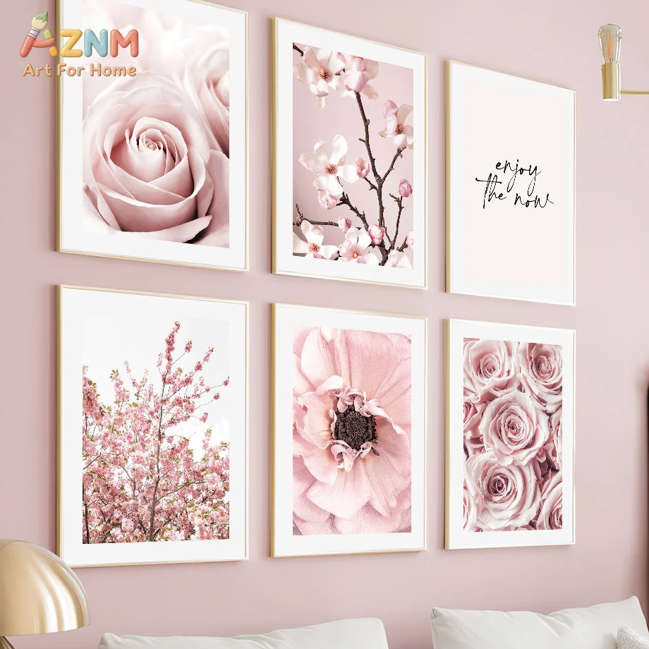 AZNM Pink Floral Ballet Dancer Canvas Print Magnolia Rose Cherry Blossom Bloom And Grow Quote Unframed Canvas Wall Art Girl Bedr