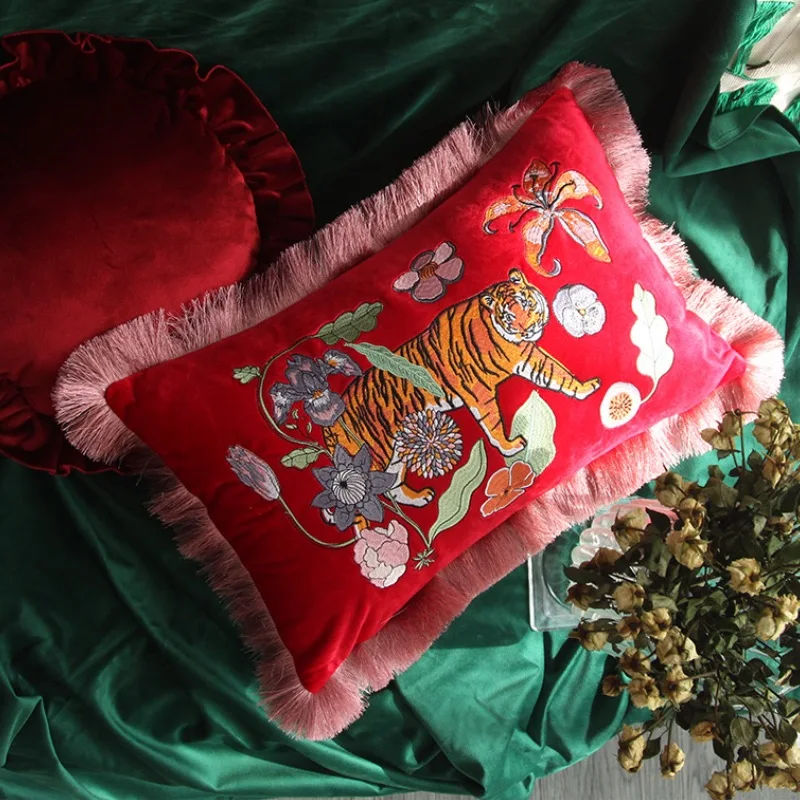 Tiger Pillow Luxury Red Velvet Embroidery Cushion Case Decorative Pillow For Sofa 30x50CM Jungle Flora Living Room Decoration