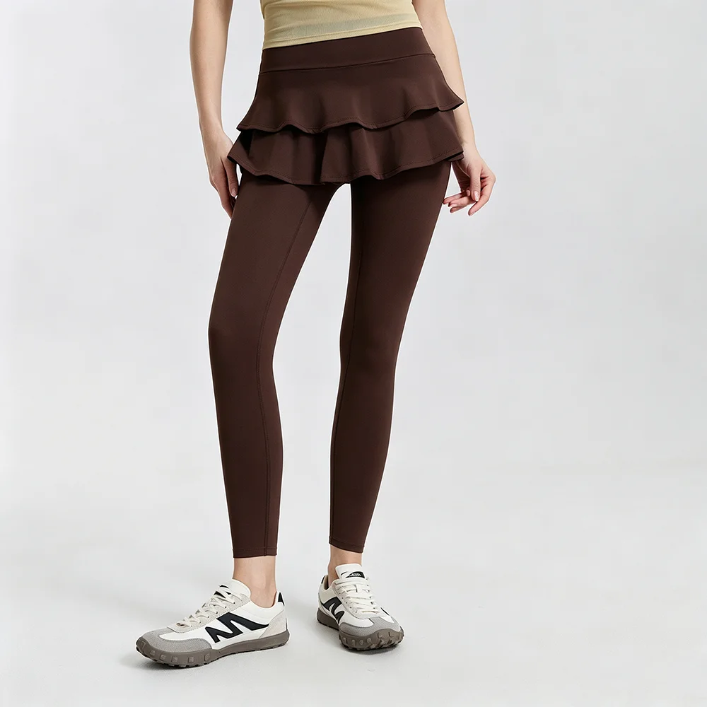 Women High Waist 2 Layer Ruffle Skirt Yoga Leggings Fake Two Piece Anti Exposure Gym Running Tennis Sports Workout Pants
