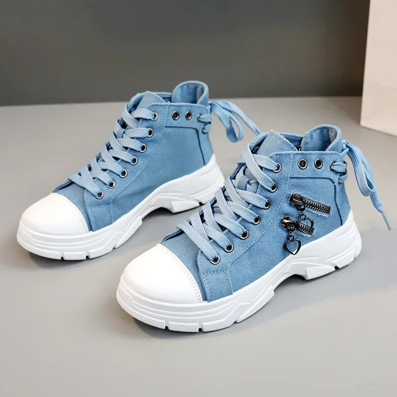 2024 New Women Plus Sizes Sneakers High Top Female Denim Canvas Shoes Thick Sole  Girls Students Ankle Canvas Boots Lace Up