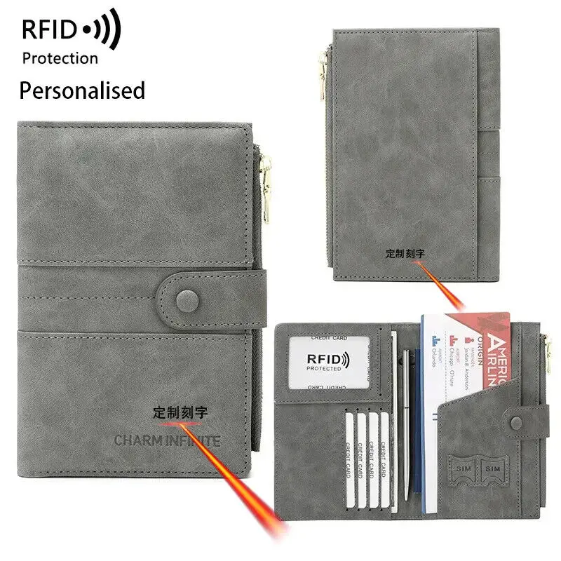 

RFID Personalised Passport Cover and Billfold with Names Custom Passport Holder Wallet Zipper Buckle Engraved Document Wallet