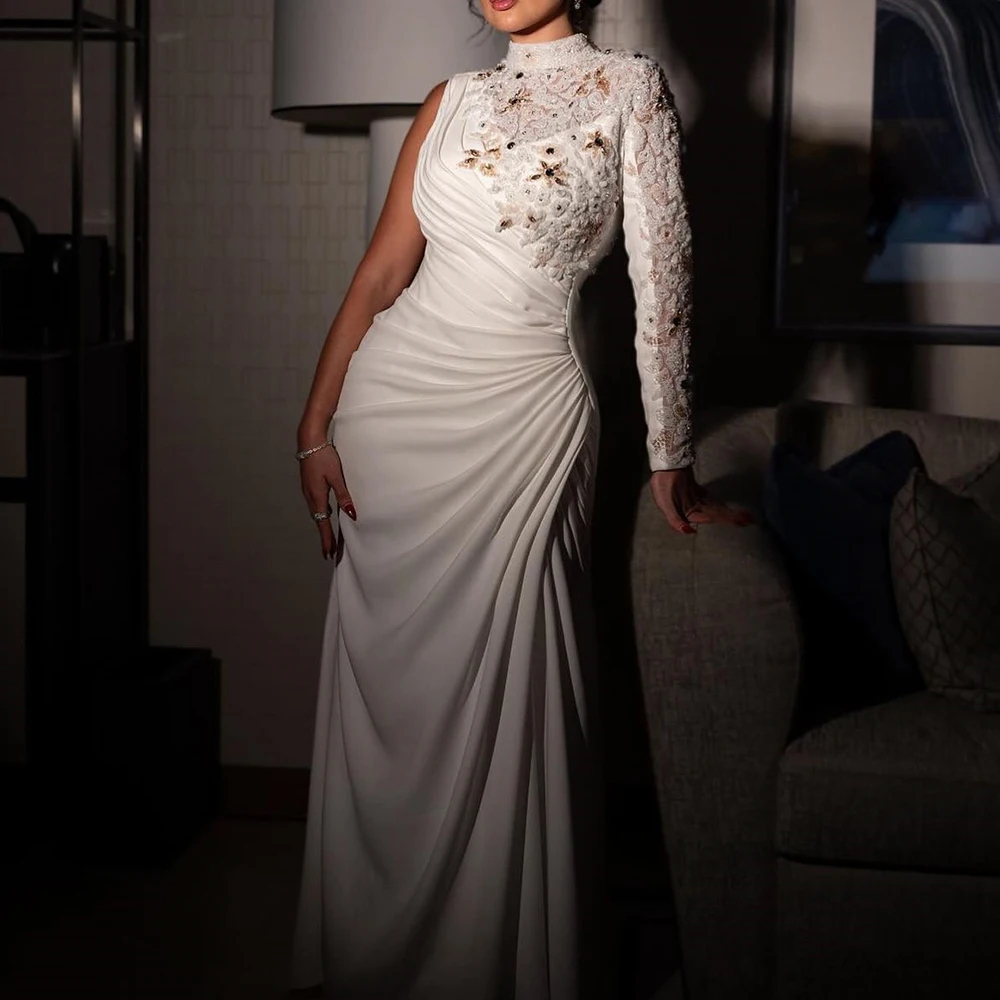 

customizedCrystal Exquisite High Collar Satin One Shoulder Sleeveless Straight Evening Dress Zipper Back Pleats Photo Color Floo