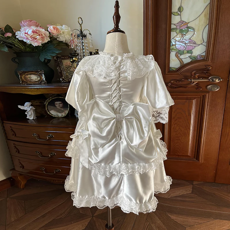 AnXin SH classic girls white flower lace o neck short sleeve beading bow ruffles lace up short customized Flower Girl Dress
