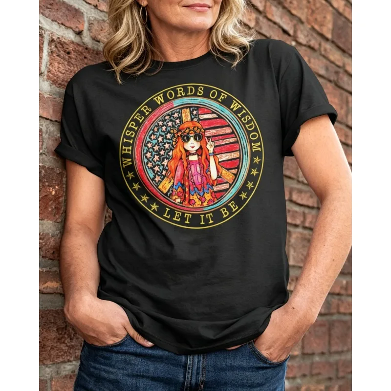 ilstile New Arrival Women's Whisper Words Of Wisdom Let It Be Print T-Shirts Short Sleeve O Neck Summer Black Tops Hippie Tees