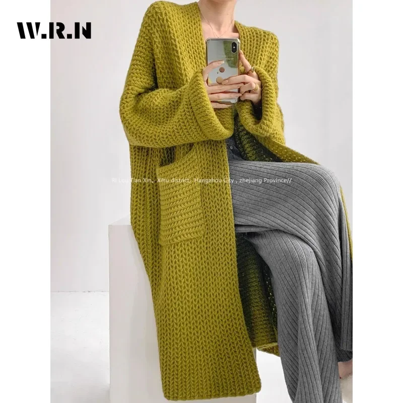 Women Sweet Style Solid Color Knitting Long Sleeve X-long Cardigans 2024 Winter Fashion Chic Casual Simple Oversized Sweater