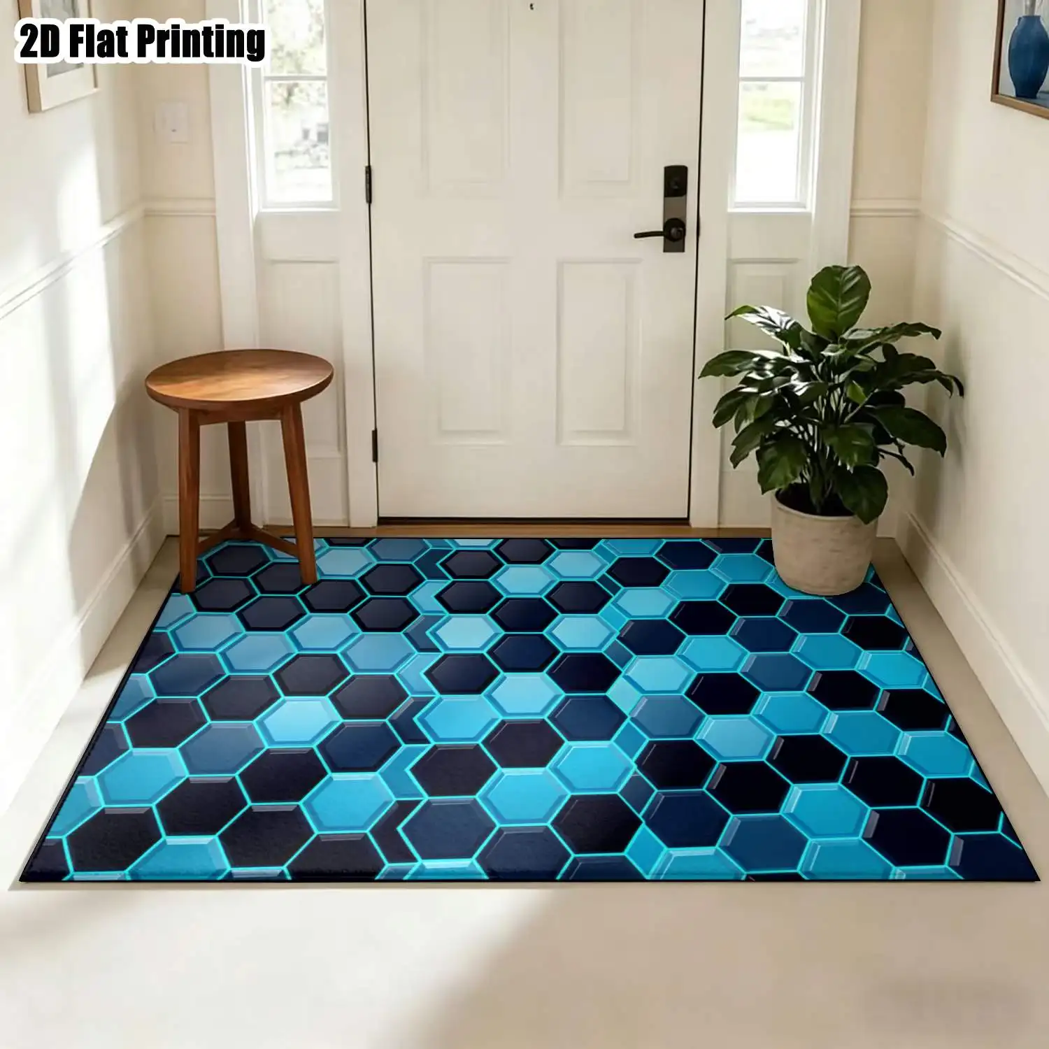 1Pc 2D Printed Carpet: Blue-Black Geometric Honeycomb Pattern, Modern and Simple, Machine Washable, Multi-Size, Suitable for Home Decor, Multiple Settings