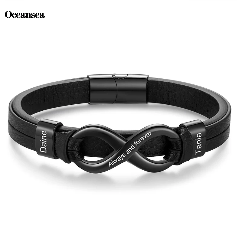 

Персонализированные браслеты с именем бесконечности для мужчин, мужской кожаный браслет на заказ с 2-8 именами, индивидуальные подарки для папы, мужа и сына