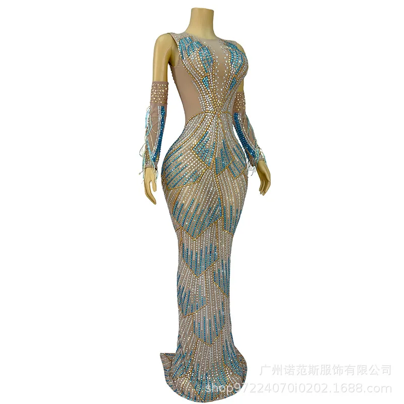 Contrast Rhinestone Niche Dresses Performance Costumes Female Singers High-end Atmospheric Adult Models Catwalk Trendy Clothes