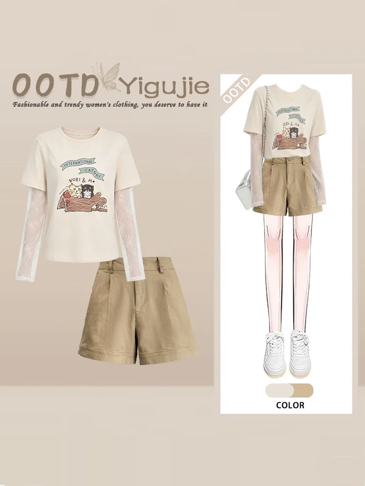 Retro Hong Kong Style Lace Sleeve round Neck Cartoon Top High Waist Wide Leg Khaki Shorts Two Piece Set Women's Fashion Autum...