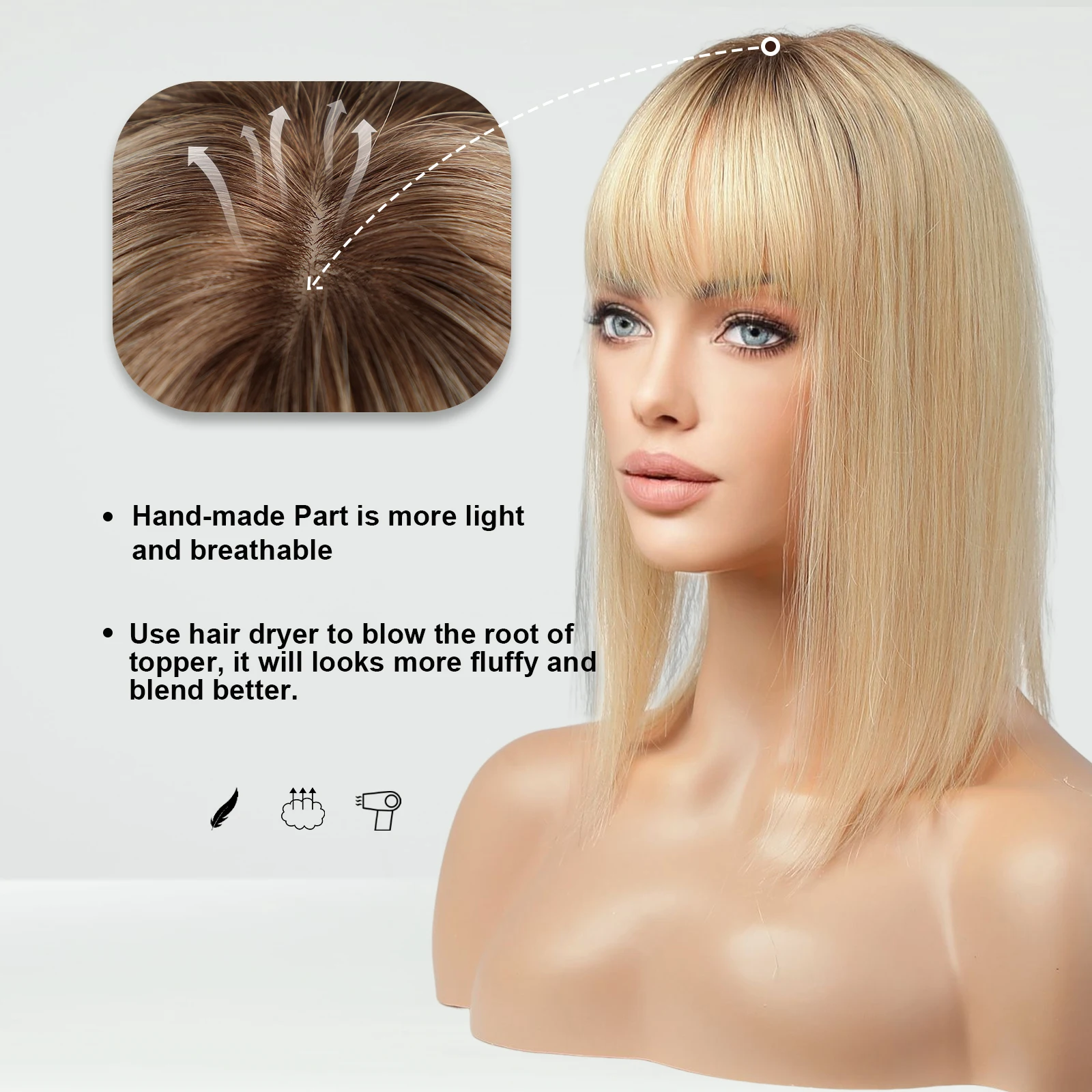 100% Remy Human Hair Topper Ombre Blonde Human Hair Pieces with Bangs for Women Silk Base Clip In Topper For Thinning Hair 14in