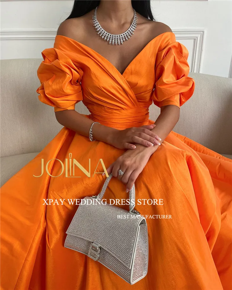 XPAY Sexy Off the Shoulder Orange Taffeta Evening Dresses Saudi Arabic Women Puff Short Sleeves Simple Party Prom Gowns Vestidos