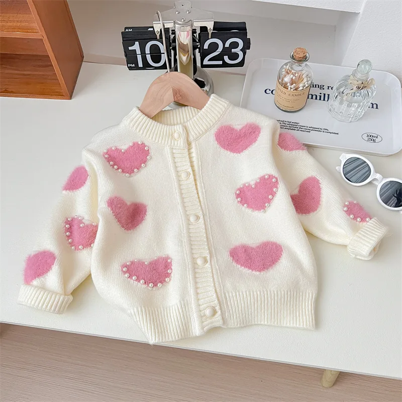 Children\'s Pink Heart Pearl Color Matching Knitted Cute Casual Sweater Cardigan Girl Spring and Autumn Jacket