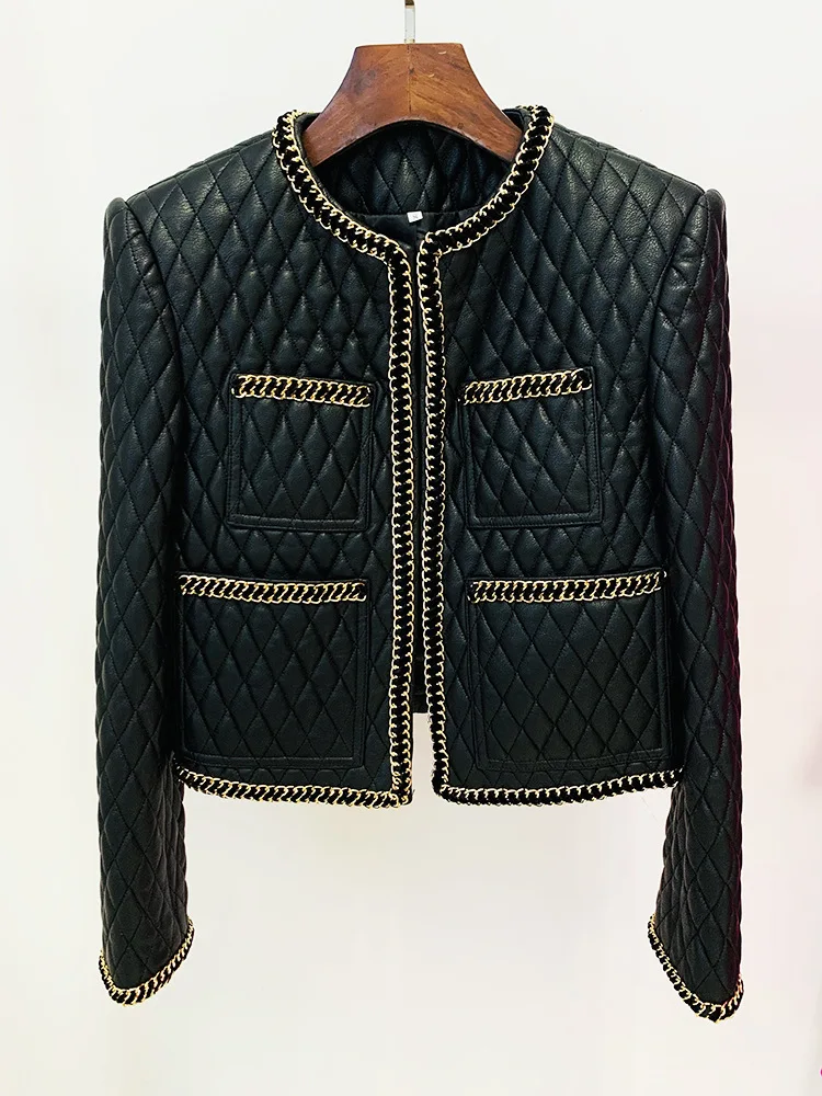 Gold Chain Edge Decoration Grid Faux Leather Jacket Cardigan Coat Blazer Black Mini Skirt Outfit Women Short Jacket