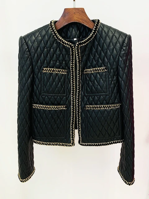 Gold Chain Edge Decoration Grid Faux Leather Jacket Cardigan Coat Blazer Black Mini Skirt Outfit Women Short Jacket AliExpress 200000345