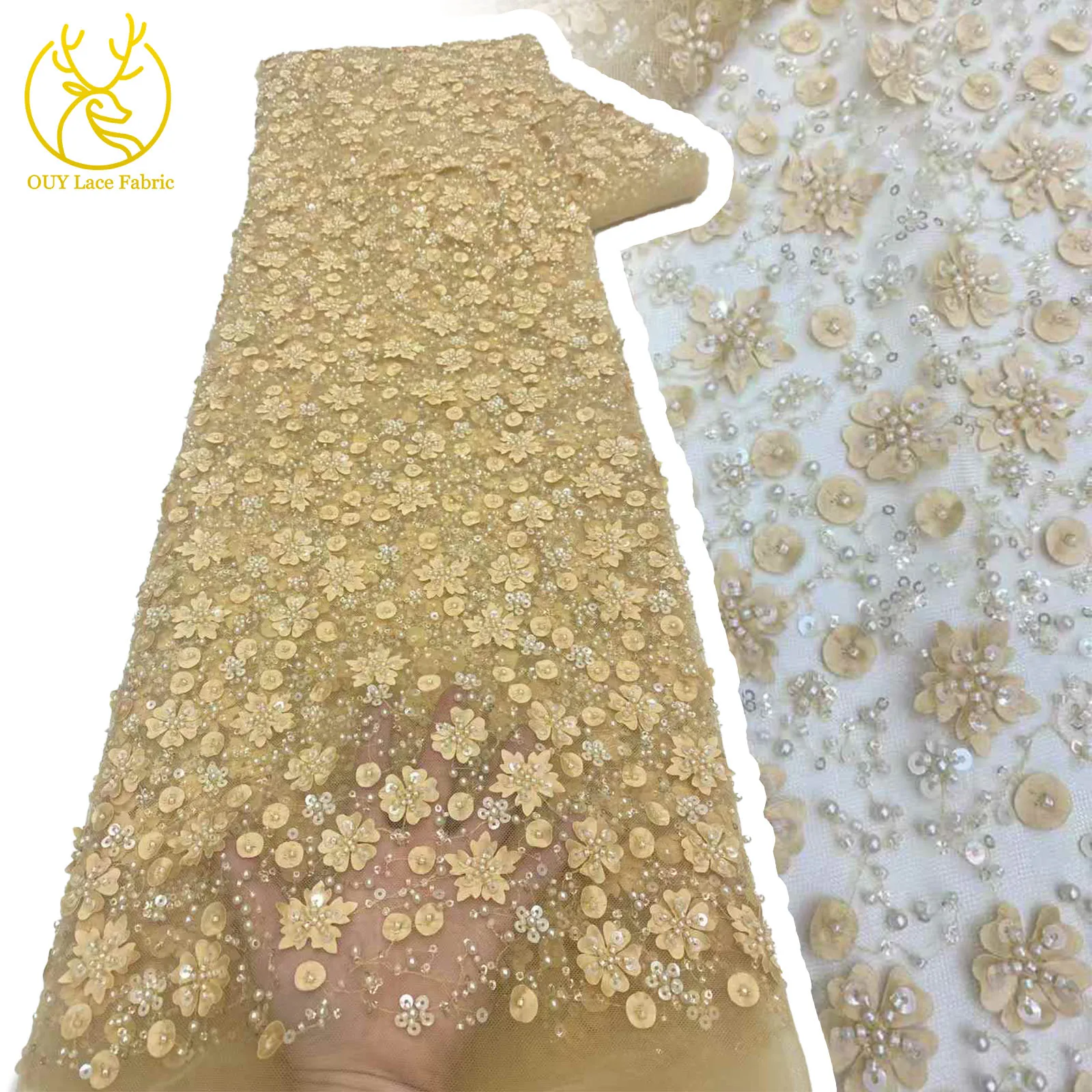 

Nigeria High Quality Fashion Sequins Embroidery Lace Fabric French Handmade Tulle Beaded Lace Fabric For Women Wedding Dresses