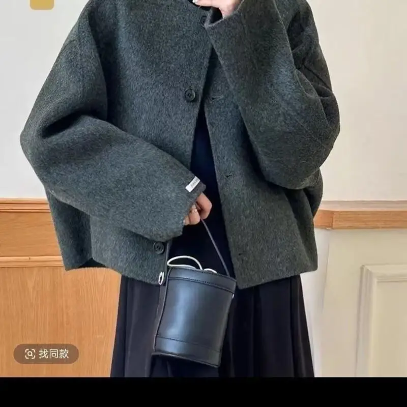 French Style Coat Commuter Outdoor Shopping Style Round Neck Coat Autumn and Winter Korean Style Loose Temperament Woolen Coat