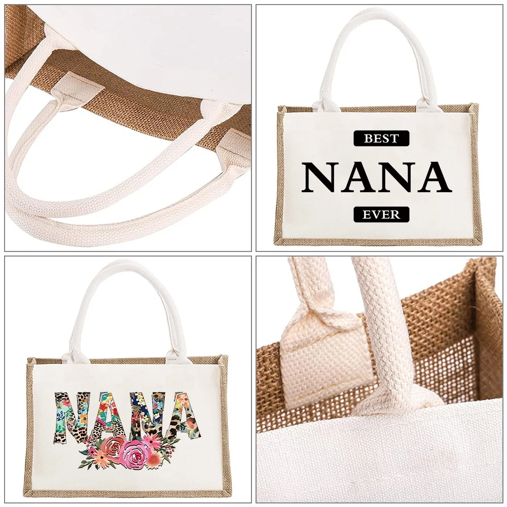 

Vintage Jute Bag Reusable Burlap Shopping Bag Lightweight Beach Handbags Print Nana Series High Capacity Grocery Bags