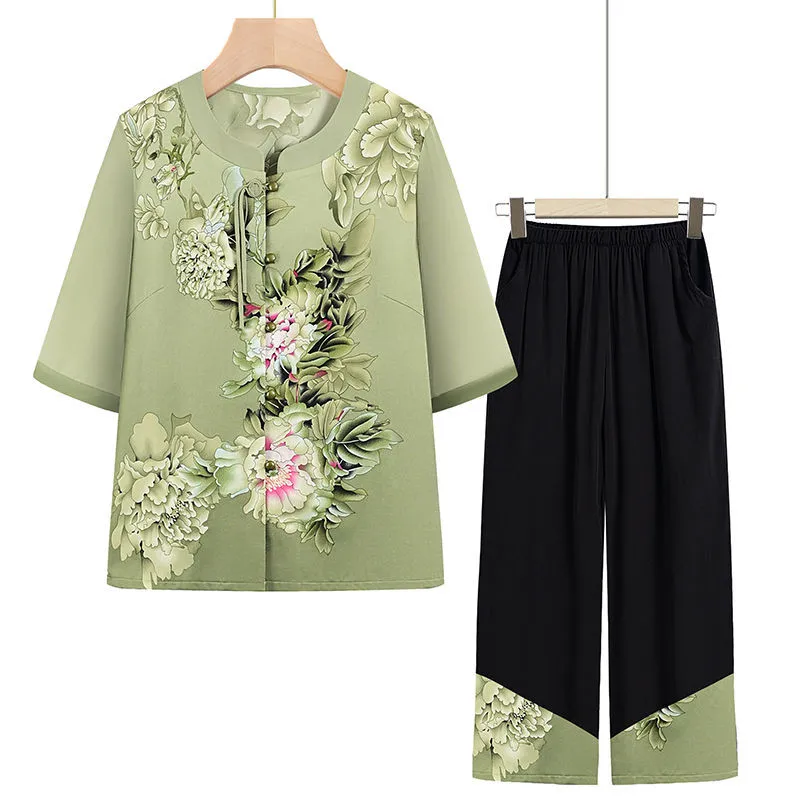 

Лето 2025 г., женский комплект рубашки с пятью точками рукава, женский комплект среднего возраста для пожилых людей, тонкий шифоновый комплект из двух кардиганов