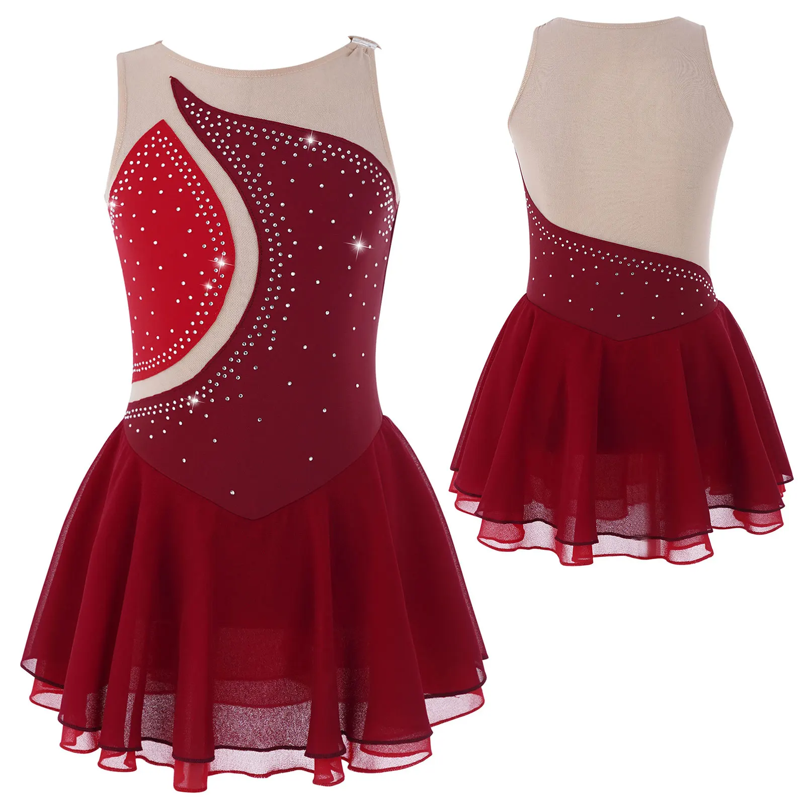 Girls Sparkly Rhinestone Figure Skating Dress Sleeveless Ballet Leotards Dress Fashion Patchwork Style Gymnastics Tutu Dancewear