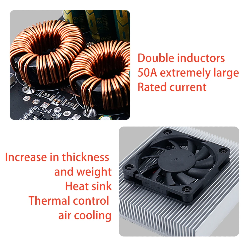 ZK-PW1200 50A Boost Power Supply Module DC 10-30V To 50V, 1200W, Audio Amplifier Converter With Dual Inductors, LCD Display