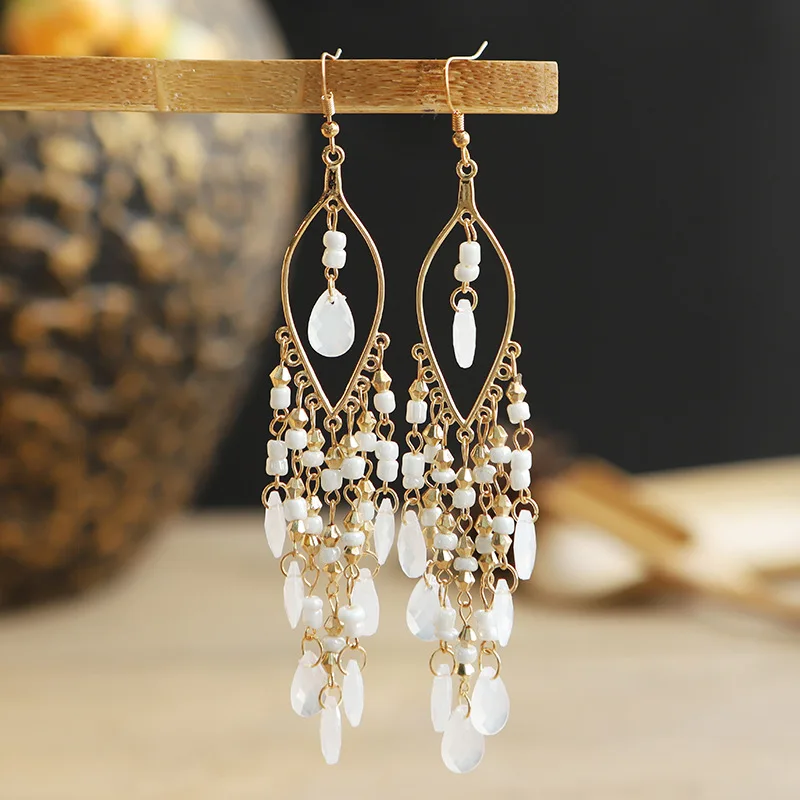 Boho-Ohrringe mit bunten, ethnischen Perlen für Damen, lange Ohrringe mit Kristallquasten, modischer Party-Schmuck für Mädchen – Detail 7