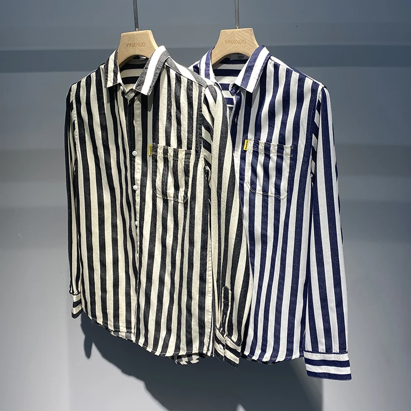 

Свободный мужской топ irt Spring Autumn Long Sve Korean Sle Vintage в вертикальную полоску, повседневный модный топ M