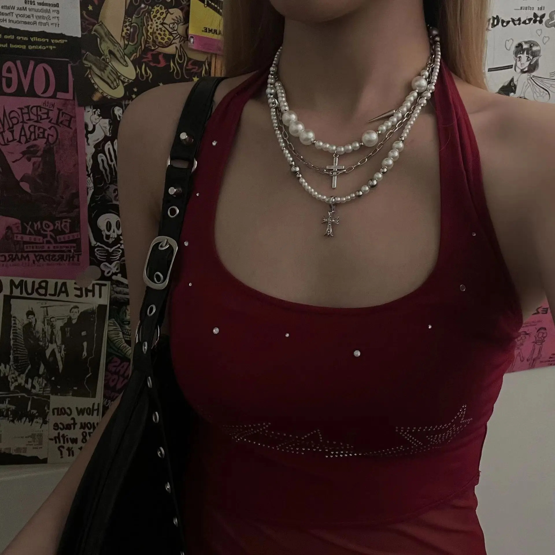 Explosive multi-layer stacked pearl necklace subculture heavy industry punk hip-hop Y2K collarbone chain necklace