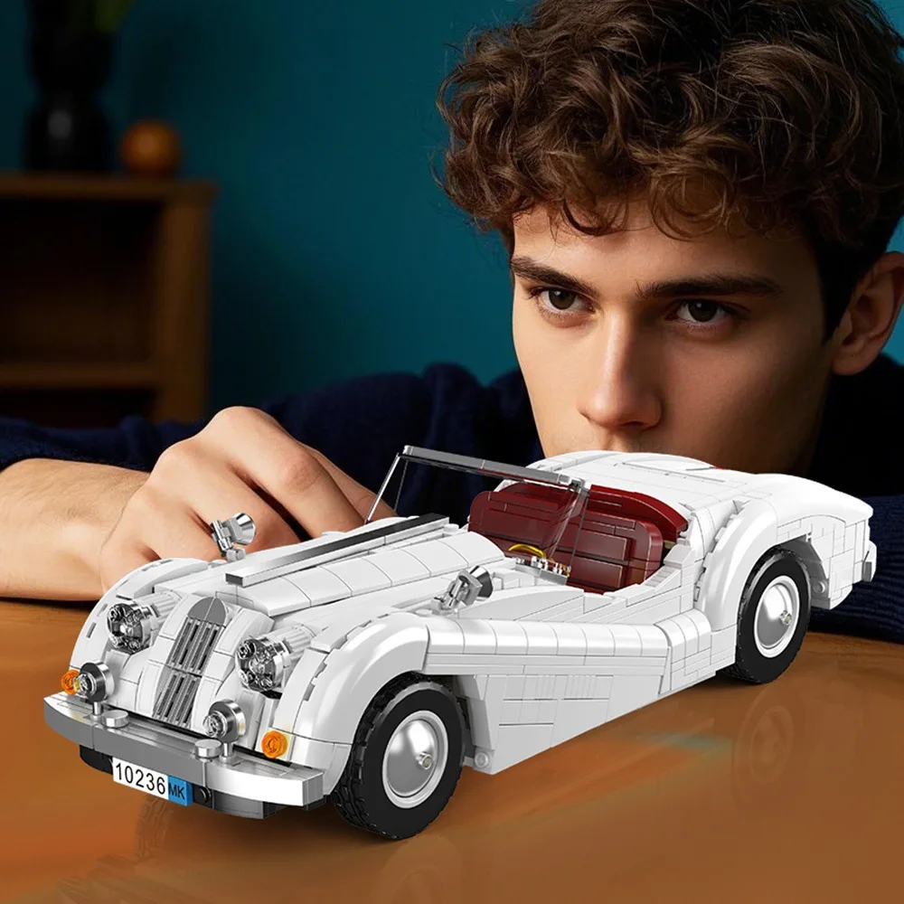 10236 Vintage Roadster Building Blocks,1302Pcs White Retro Convertible Car Model Bricks,DIY Hobby Collectible Toy