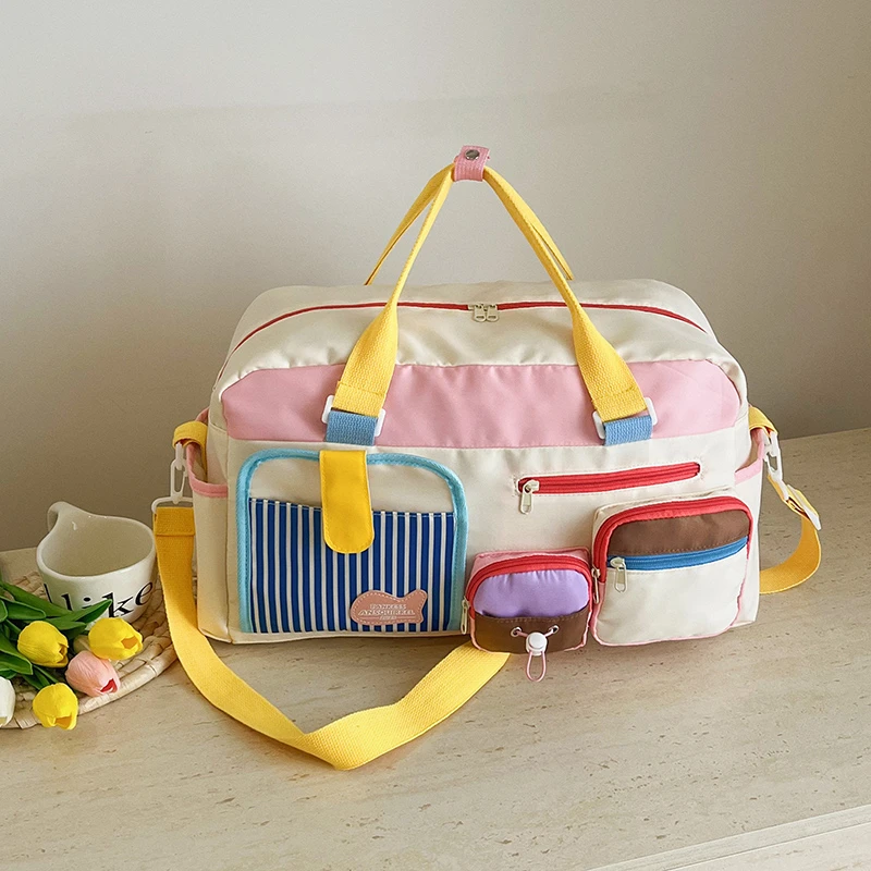 Color Block Large Travel Duffle Bag Multi Pocket Weekender Overnight Handbag Removable Strap Casual Sport Luggage 
