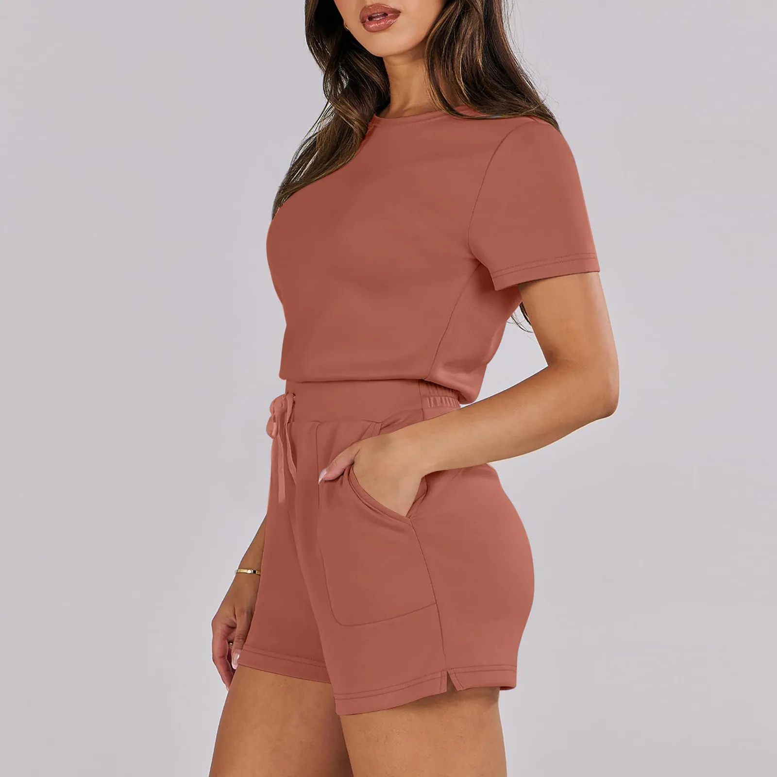 Women Regular Shorts Rompers Summer Casual Crewneck Short Sleeve Drawstring Waist Pockets Jumpsuits Comfy Simple Solid Rompers