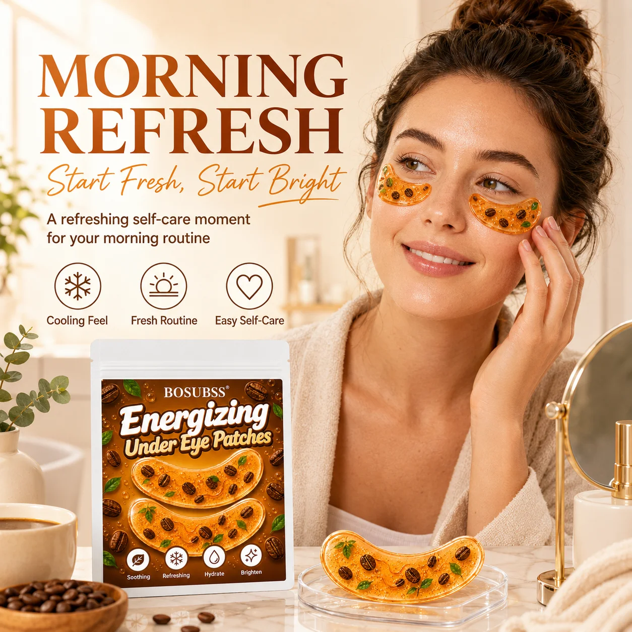 10PCS/5Pairs Coffee Bean Under Eye Beauty Patches, Soft Gel-Feel Printed Eye Patches with Curved Easy-Peel Design for Daily Self