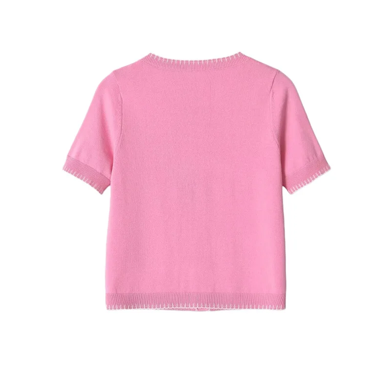 Withered Women's 2026 Summer New Product Round Neck Short Sleeve Fluorescent Pink Embroidered Knitted Shirt For Women