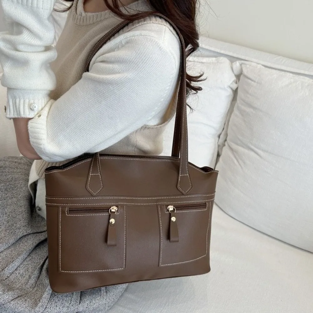 

Retro Large Capacity Double Pockets Commuting Bag PU Leather Vintage Underarm Bag Versatile Stylish Shoulder Tote Bag Shopping