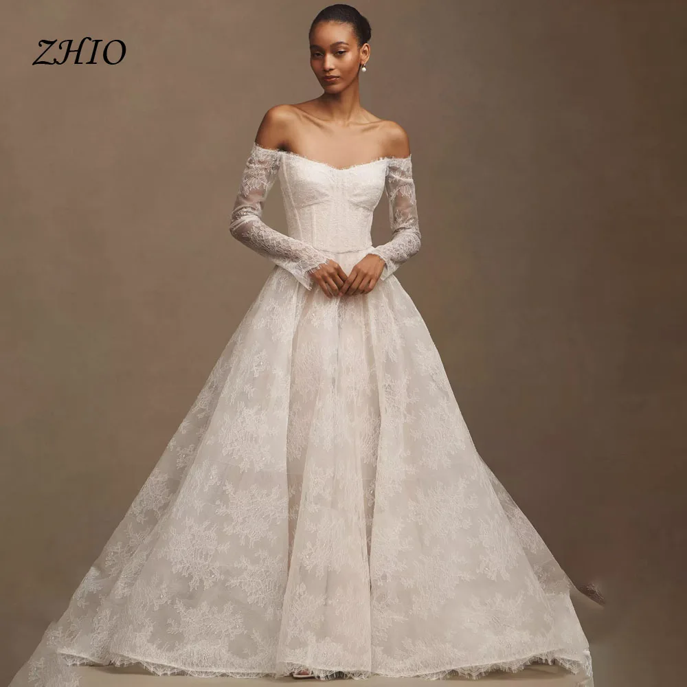 ZHIO Französisch Spitze Appliques Off Schulter Brautkleider Frau Braut Kleider Langarm Neue Kleid Angepasst Vestidos De Novia