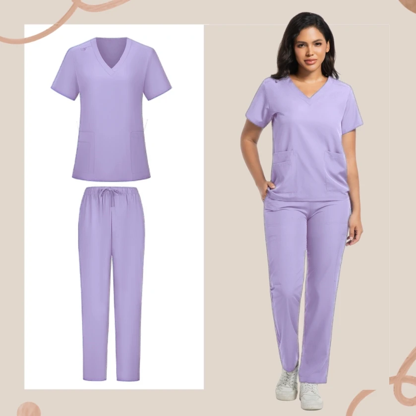 도매 간호 패션 V 넥 탑 바지 세트 병원 의료 스크럽 수술복 여성 멀티 컬러 스트레이트 세트 스크럽