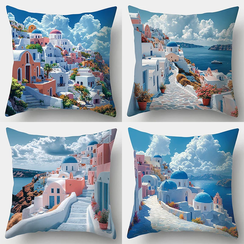 Printed Pillow Cover Set of Four Greek Santorini Mediterranean Blue Domes Island Decor Cushion Polyester Throw Pillow Bedding Ac
