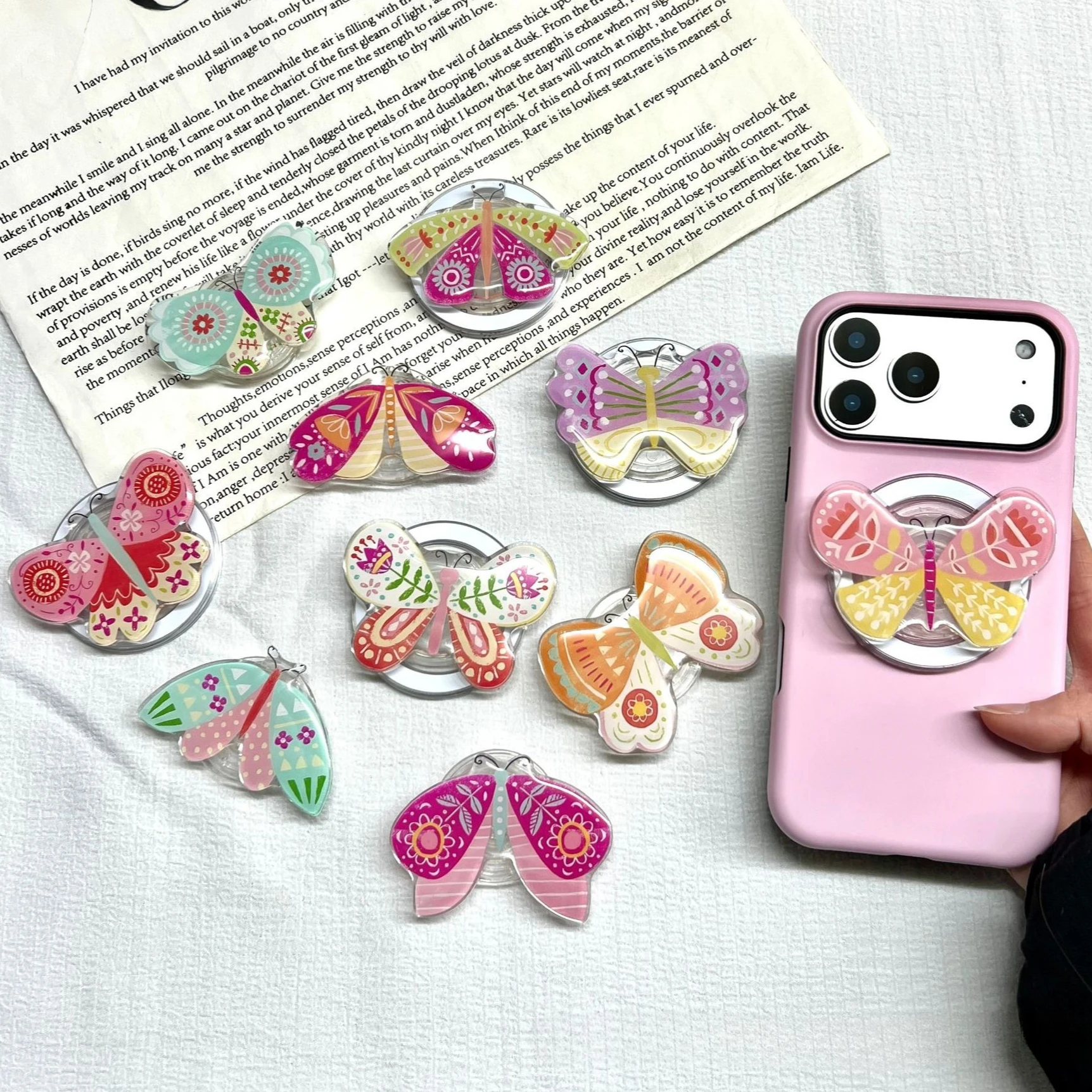 Colorful Butterfly Magnetic Phone Grip Holder Suction Airbag Mobile Foldable Adhesive Desktop Quickstand Bracket Finger Socket