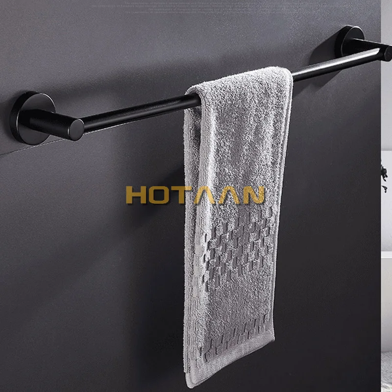 Hotaan Modern Style Matte Black Wall Mounted Single Towel Bar Bathroom Towel Hanger Shelf Bathroom Accessories Holder wood base