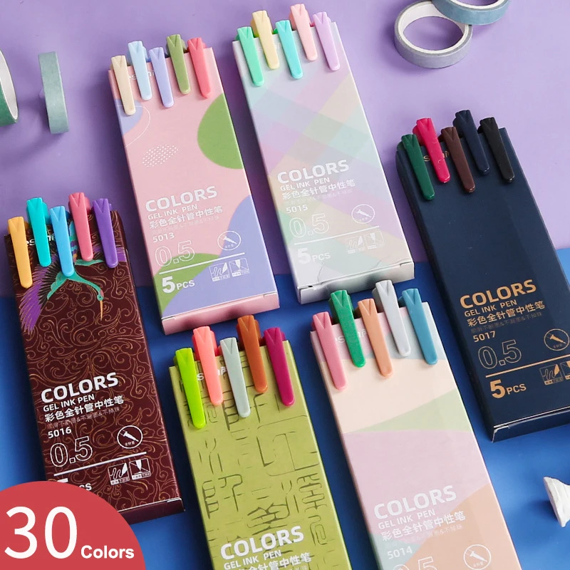 

5PCS Retro Colored Gel Pen Set 0.5 Mm Kawaii Fine Point Ballpoint Pens School Office Supplies Stationery