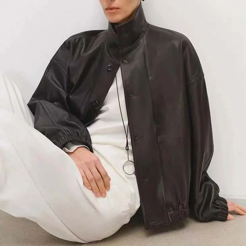 Minimalist Leather Jacket for Women Modern Genuine Sheepskin Stand Up Collar Short Silhouette Coat Winter Top