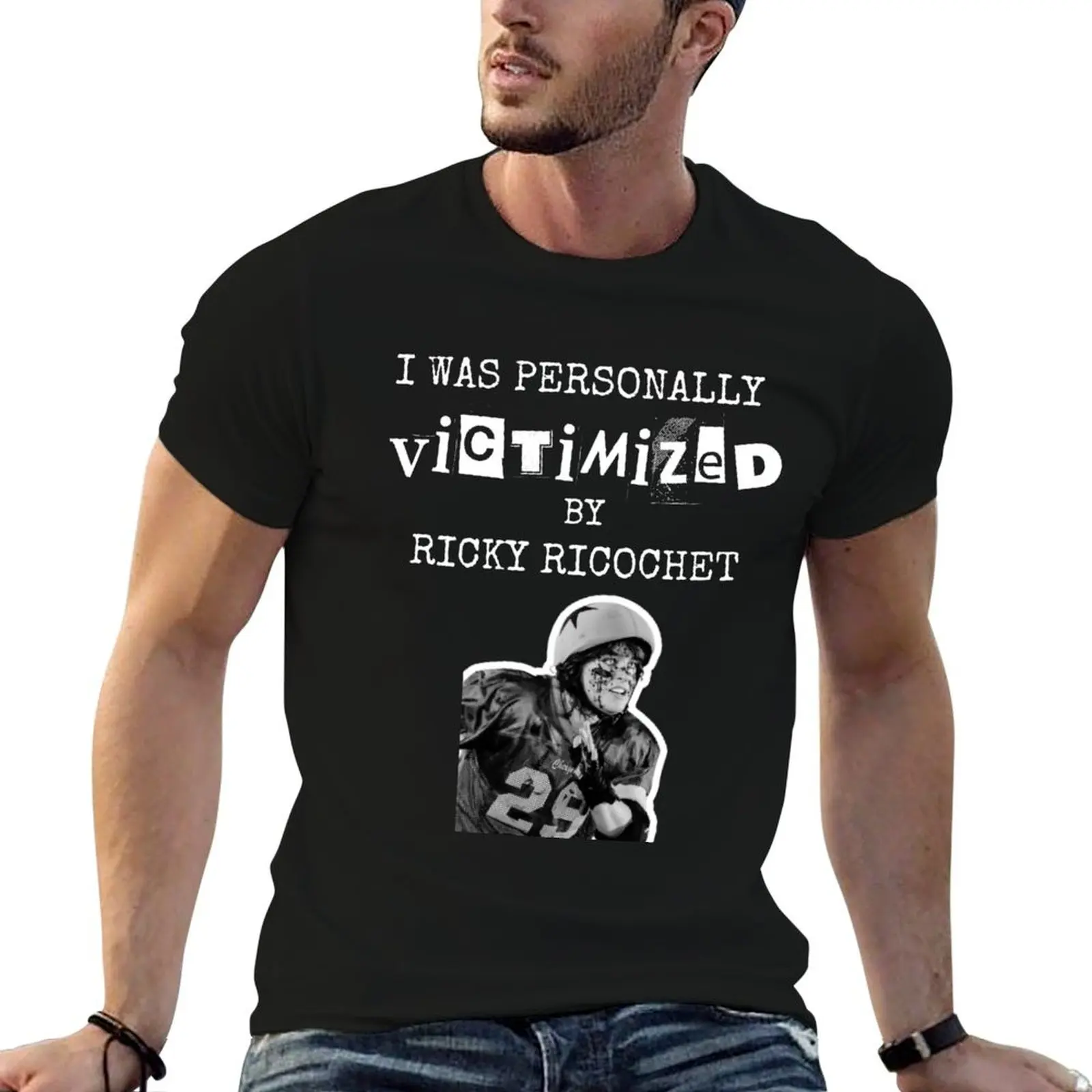 

Victimized by Ricky Ricochet (Dark) T-Shirt Funny t-shirt graphic tee shirt new edition luxury clothes men