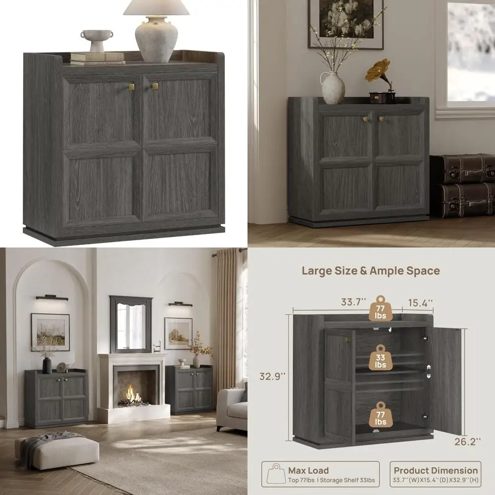 Modern Buffet Table with Storage and Shelves - 34 Inch Accent Cabinet Doors & Golden Handles