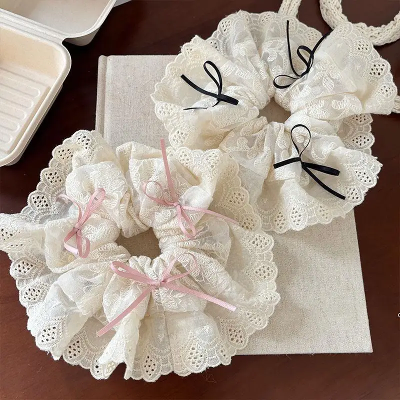 

Elegant French Lace Hollow Wide Scrunchie Bow Ribbon Hairbands For Women Girls Sweet Hair Ornament Fashion Ponytail Hair Accesso