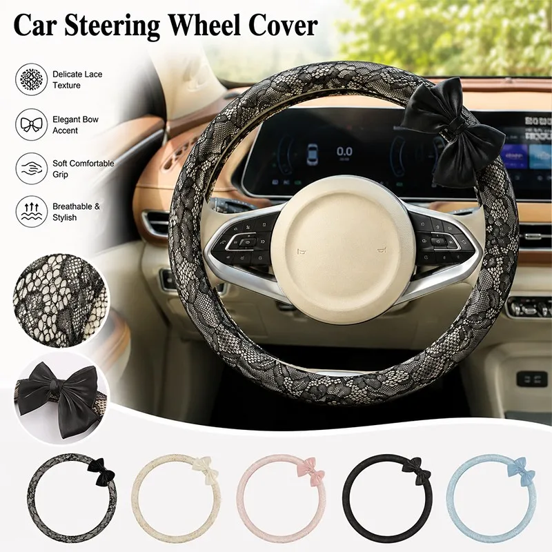 Universal O Shape Car Steering Wheel Cover Auto Steering Wheel Protector Lace Bow Cute Girly Car Accessory Steering Wheel Cover