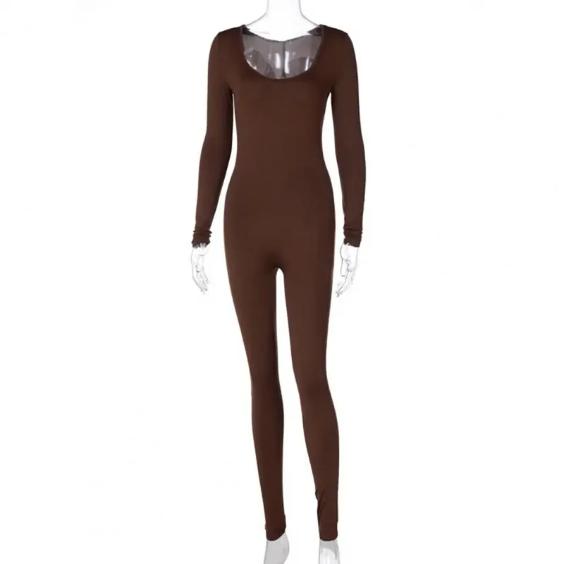 Women Solid Color Ribbed Knit Long Sleeve Jumpsuit Square Neck Bodycon Skinny Jumpsuit Romper Work Out Sport Yoga Playsuits