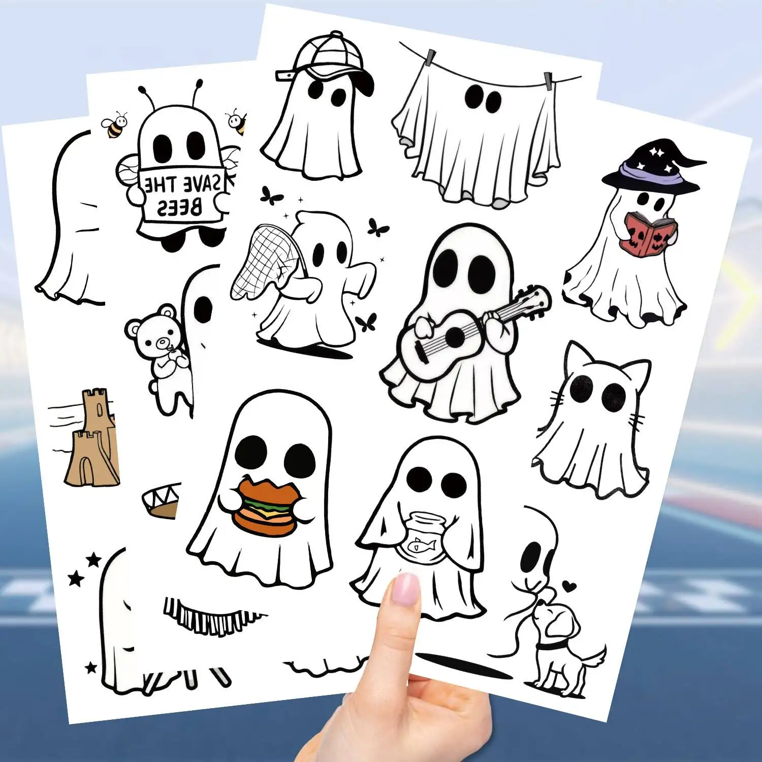 Halloween Cute Ghost Temporary Tattoos Cartoon Spooky Ghost Patterns With Guitar Headphone Broom Lollipop Waterproof Non Toxic S