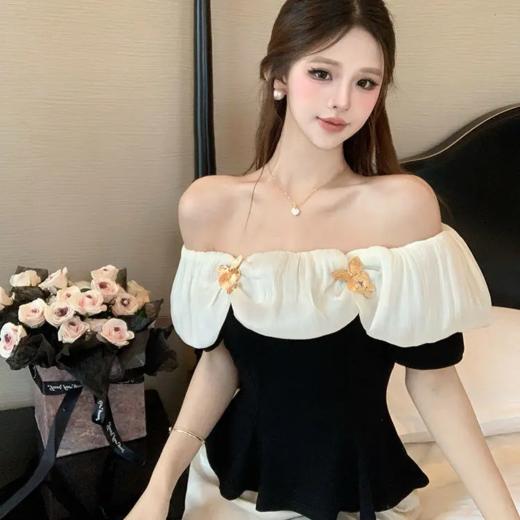 

Pure Desire Spicy Girl One Shoulder Bow Short Sleeved Shirt Summer Celebrity Slim Fit Short Temperament Top Y2k Blouse