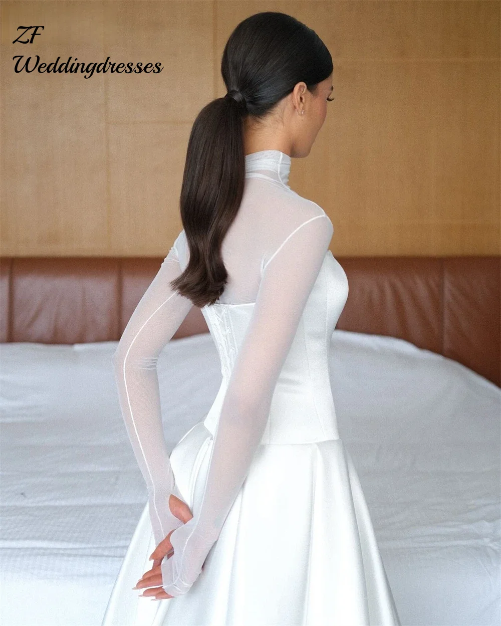 Customized Elegant Satin Wedding Dresses A-Line High Neck Long Sleeves Pleated Bride Prom Gown Modest Bridal Gowns