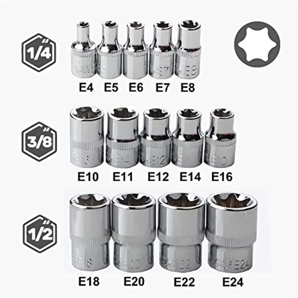 14PCS Female E Star Torx Socket Set E4-E24 E-Torx External Hex Socket Insert Nut Hex Socket Set Hand Tools Part